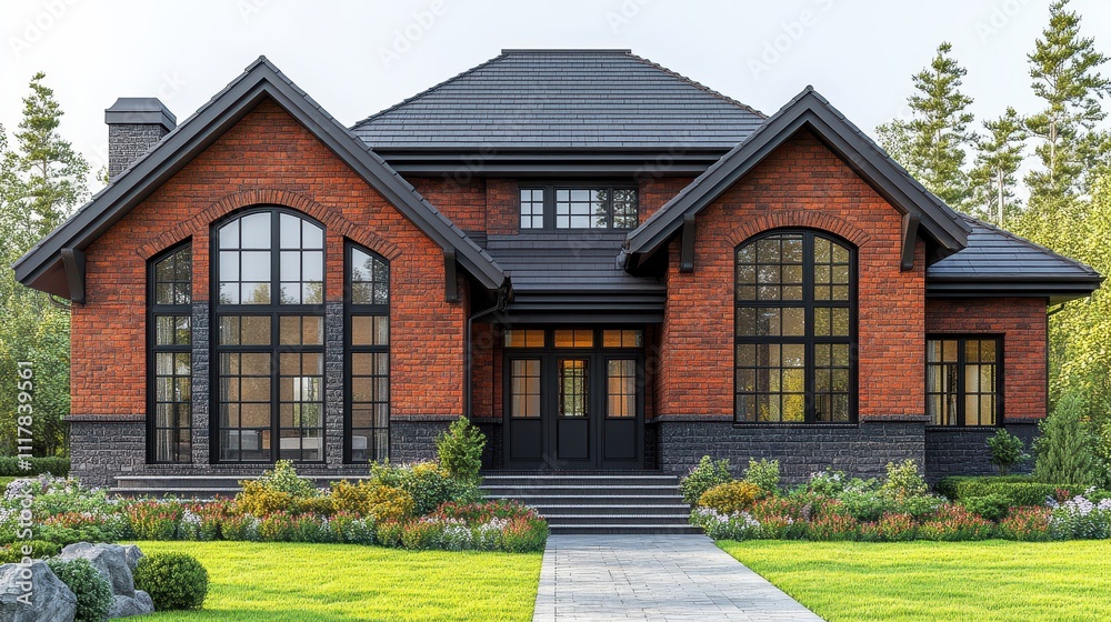 Luxurious Red Brick House with Black Roof and Large Windows - Stunning ...