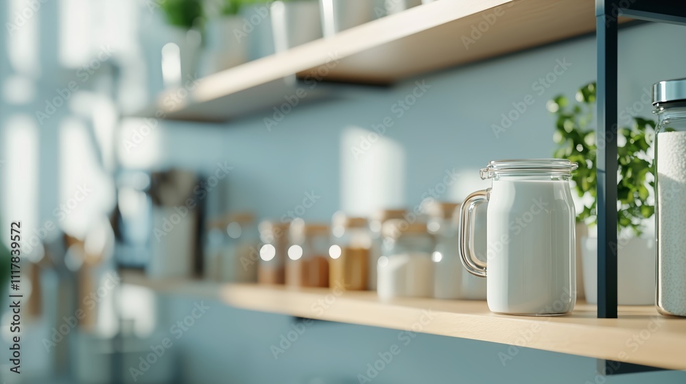 Bright kitchen shelf displaying jars and a glass milk container in a cozy home setting Bright kitchen shelf displaying jars and a glass milk container in a cozy home setting