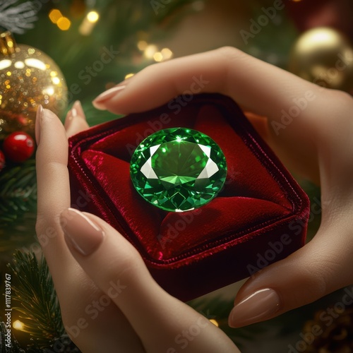 close-up of a stunning green emerald gemstone with a sleek, round cut, glowing softly under warm, festive lighting photo