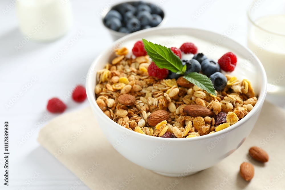 Delicious granola with berries and yogurt on a light background Delicious granola with berries and yogurt on a light background