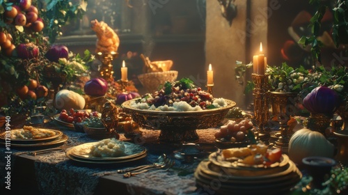 Lavish medieval feast table with fruits, vegetables, and candles.