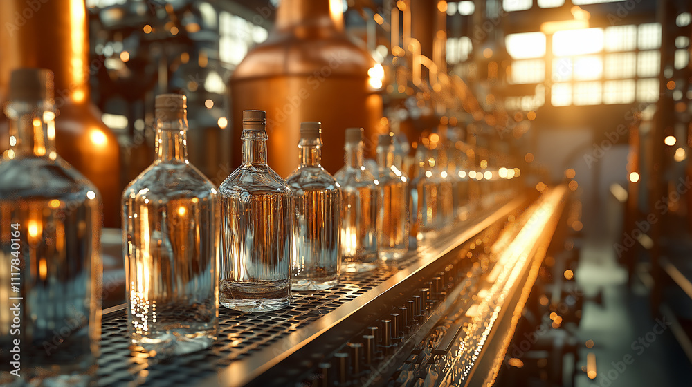 Craft gin production line featuring automated bottling process in distillery facility Craft gin production line featuring automated bottling process in distillery facility