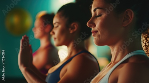 Group of women in various poses performing yoga exercise