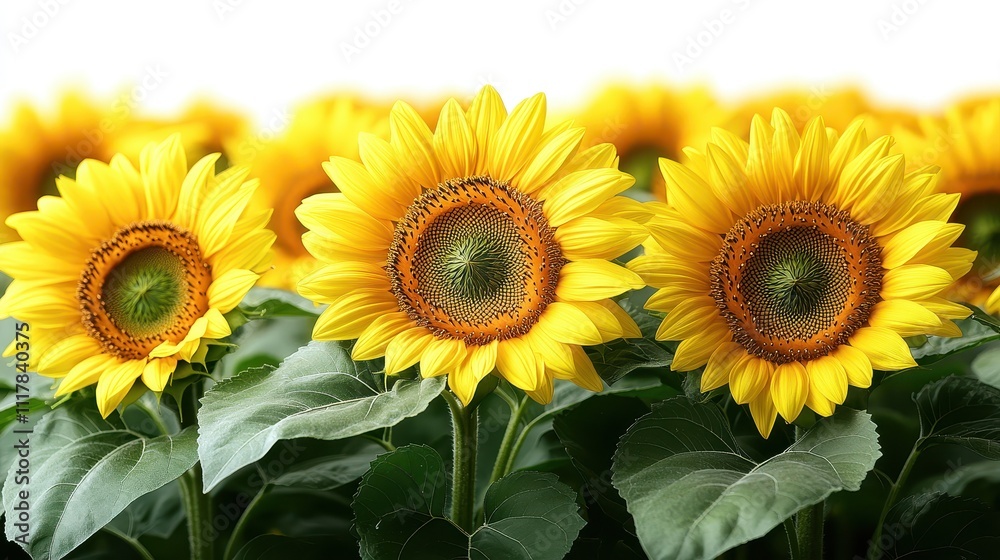 Fototapeta premium Vibrant Yellow Sunflowers in Full Bloom Close-up of Three Sunflowers with Blurred Background