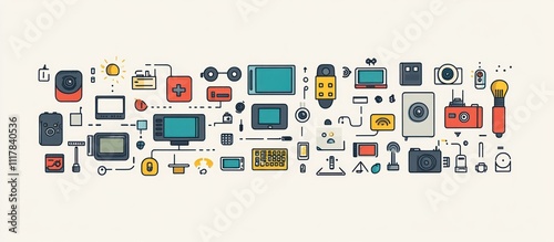 Illustration of various electronic devices and gadgets connected by lines.