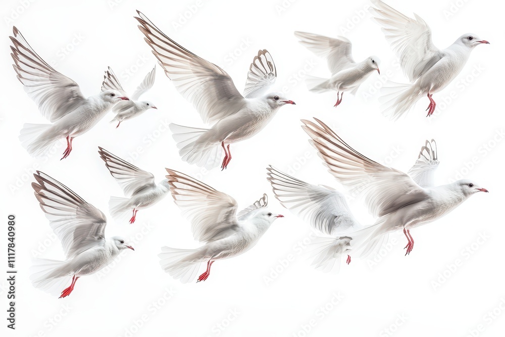 Obraz premium Majestic Flock of White Seagulls in Flight A Collection of High-Resolution Images of Graceful Birds Soaring Against a White Background.