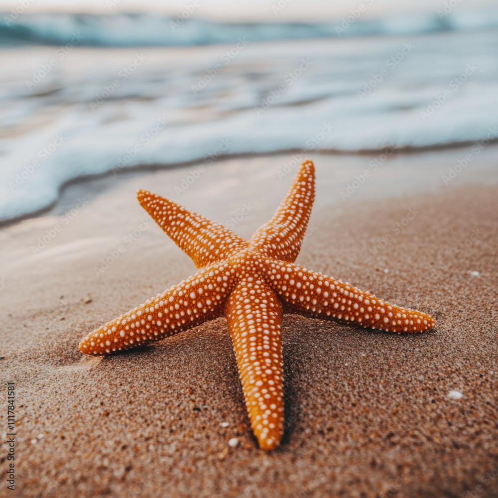 A close-up of a sea star (starfish) resting on the sand of a beach A close-up of a sea star (starfish) resting on the sand of a beach