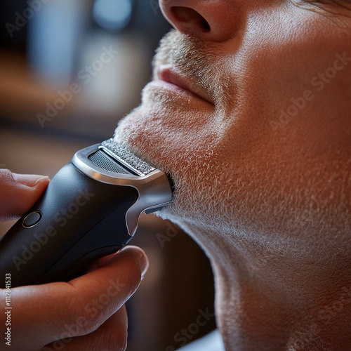 A close-up of a man being shaved with an electric razor in a modern barbershop photo
