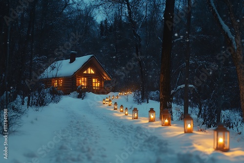 Serene Snowy Forest with a Trail of Glowing Lights photo