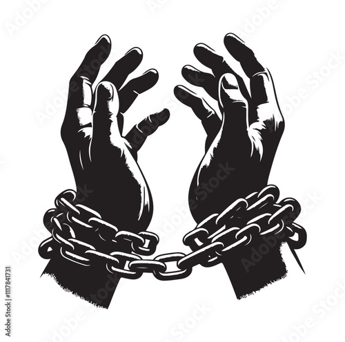 A pair of hands chained to a chain and a text words freedom. silhouette vector illustration.