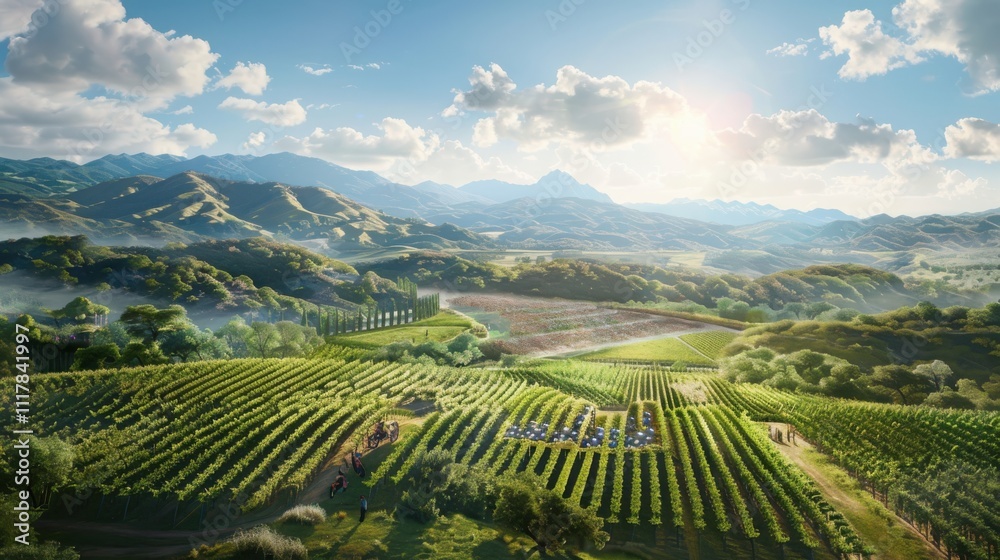 Grapes harvesting action in a scenic vineyard rolling hills environment under the warm sun concept Grapes harvesting action in a scenic vineyard rolling hills environment under the warm sun concept
