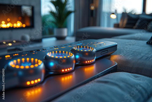 Close up view of modern smart home technology controls in a stylish interior during evening hours