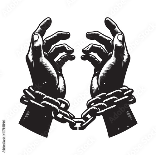 A pair of hands chained to a chain and a text words freedom. silhouette vector illustration.