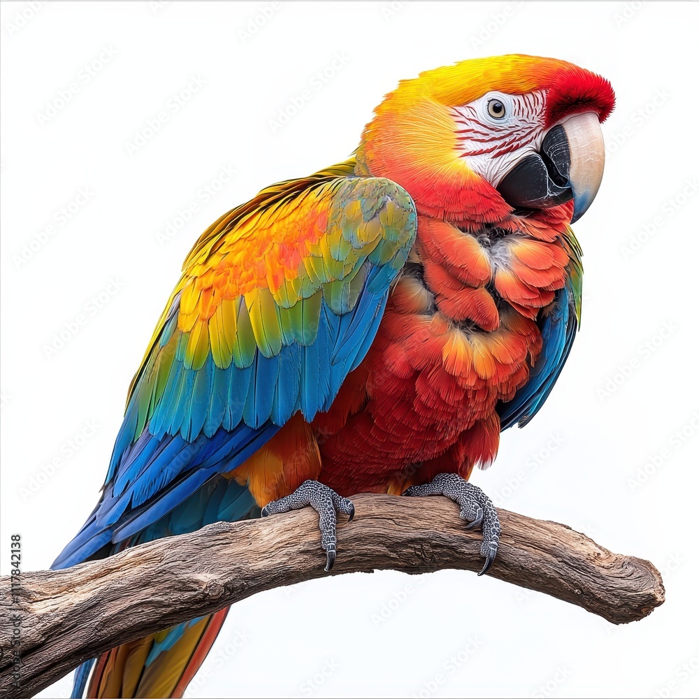 Fototapeta premium Vibrant Scarlet Macaw Perched on a Branch Stunning Close-up of a Tropical Parrot with Vivid Red, Yellow, Blue, and Green Feathers Against a White Background