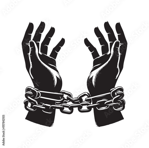 A pair of hands chained to a chain and a text words freedom. silhouette vector illustration.