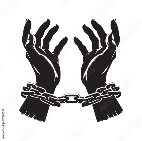 A pair of hands chained to a chain and a text words freedom. silhouette vector illustration.