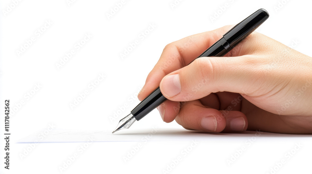 Close-up of a hand holding a sleek black fountain pen, poised to write on a blank sheet of paper, symbolizing creativity and elegance. Close-up of a hand holding a sleek black fountain pen, poised to write on a blank sheet of paper, symbolizing creativity and elegance.