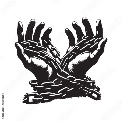 A pair of hands chained to a chain and a text words freedom. silhouette vector illustration.