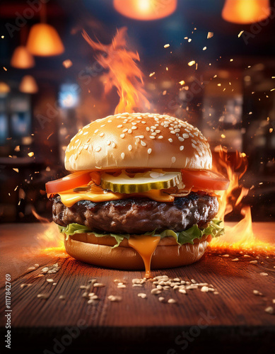 Burger manipulation flames and fire sparks photo