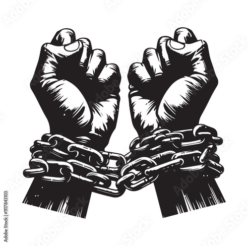 A pair of hands chained to a chain and a text words freedom. silhouette vector illustration.