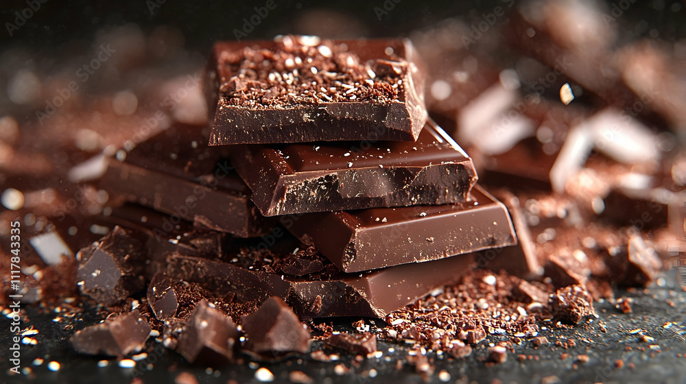 Closeup of Chocolate Bar Pieces on Black Surface - Food Photography Closeup of Chocolate Bar Pieces on Black Surface - Food Photography