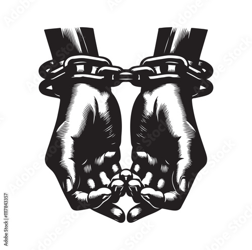 A pair of hands chained to a chain and a text words freedom. silhouette vector illustration.