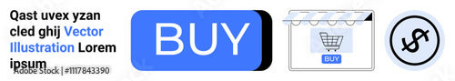 BUY button in blue, storefront icon, dollar sign icon, and sample text. Ideal for e-commerce, online shopping, retail, digital advertising, websites, marketing, user interface. Landing page