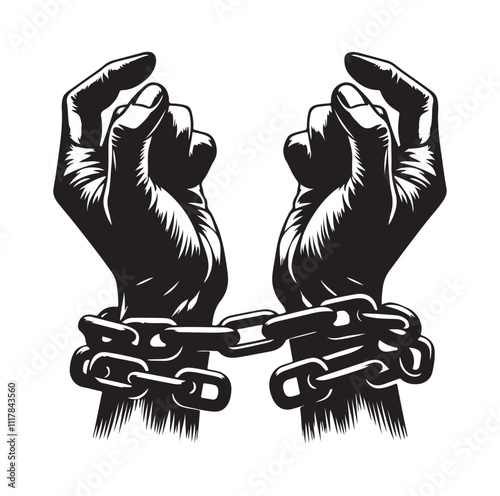 A pair of hands chained to a chain and a text words freedom. silhouette vector illustration.