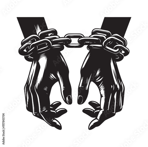A pair of hands chained to a chain and a text words freedom. silhouette vector illustration.