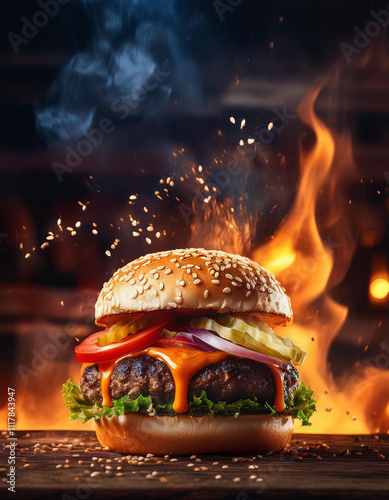 Delicious spicy fried chicken burger ads with burning fire on dark background