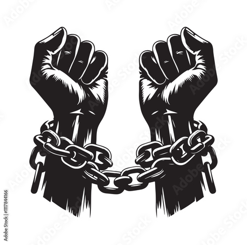 A pair of hands chained to a chain and a text words freedom. silhouette vector illustration.