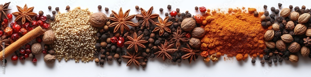 Aromatic Spice Blend Panorama Star Anise, Cinnamon, Peppercorns, Turmeric, and More - Culinary Background Aromatic Spice Blend Panorama Star Anise, Cinnamon, Peppercorns, Turmeric, and More - Culinary Background