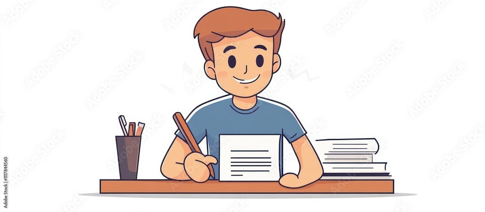 A smiling young man sits at a desk and writes with a pencil on a piece of paper. There are several other papers and pencils on the desk. A smiling young man sits at a desk and writes with a pencil on a piece of paper. There are several other papers and pencils on the desk.