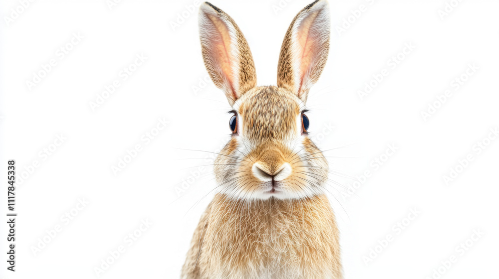 Obraz premium Cute brown rabbit against a stark white background, with large ears and curious eyes, captured in a minimalist style for a charming animal portrait.