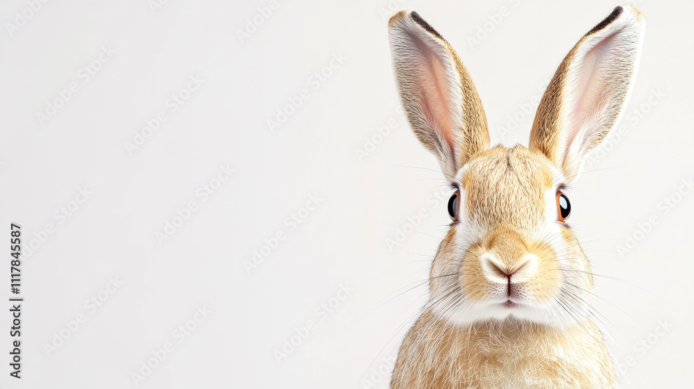 Fototapeta premium Adorable rabbit with large ears and a curious expression, set against a clean white background, highlighting its soft fur and vivid eyes.