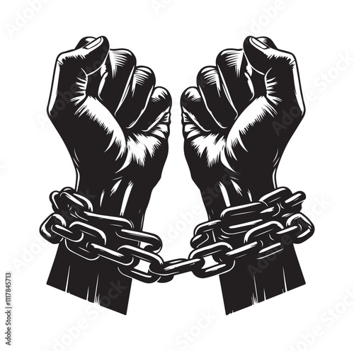 A pair of hands chained to a chain and a text words freedom. silhouette vector illustration.