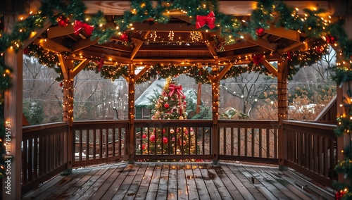 An elegant wooden gazebo decorated with Christmas lights and ornaments