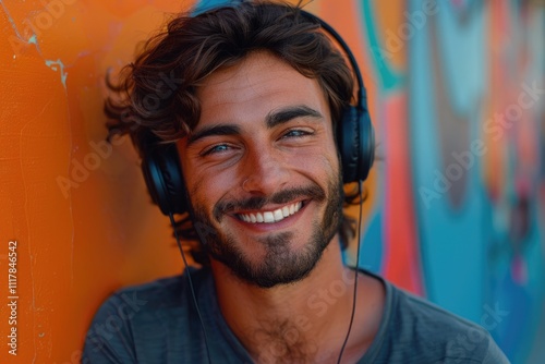 A person wearing headphones leans against a wall, possibly listening to music or taking a break