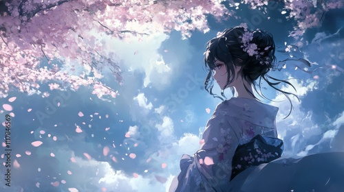 Anime girl in kimono under cherry blossoms.