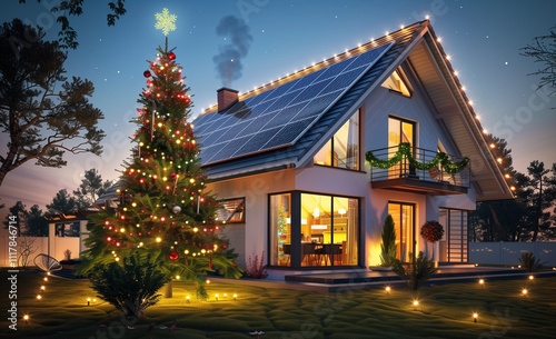 A modern house with solar panels on the roof, a Christmas tree in front of it, lights around