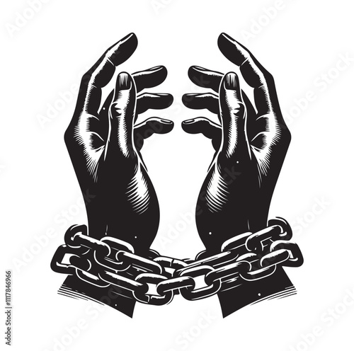 A pair of hands chained to a chain and a text words freedom. silhouette vector illustration.