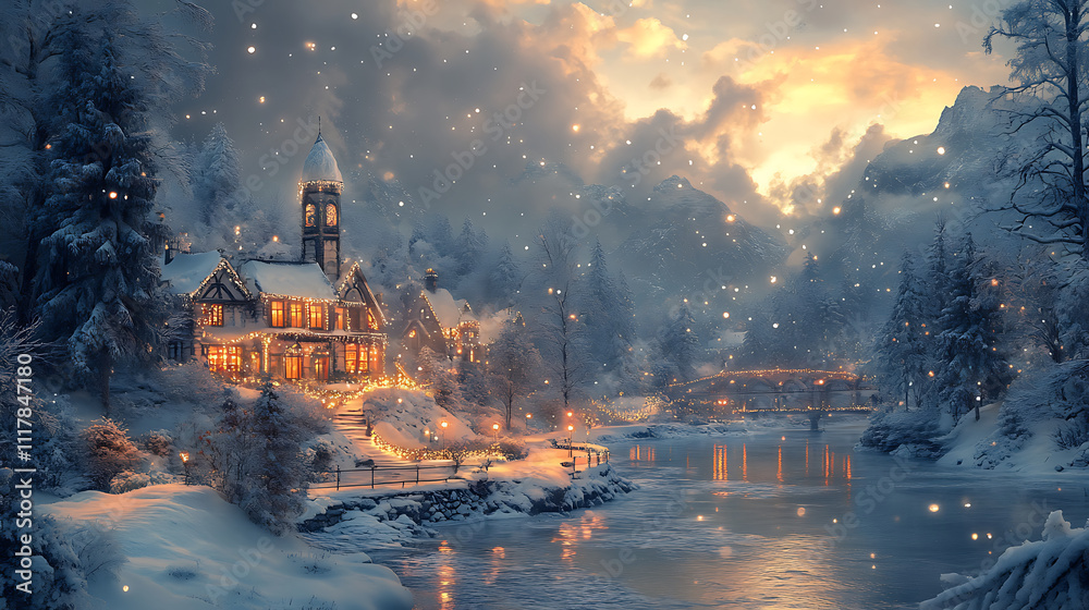 serene winter landscape featuring cozy house by river, surrounded by snow covered trees and mountains. Soft snowflakes fall gently, creating magical atmosphere serene winter landscape featuring cozy house by river, surrounded by snow covered trees and mountains. Soft snowflakes fall gently, creating magical atmosphere
