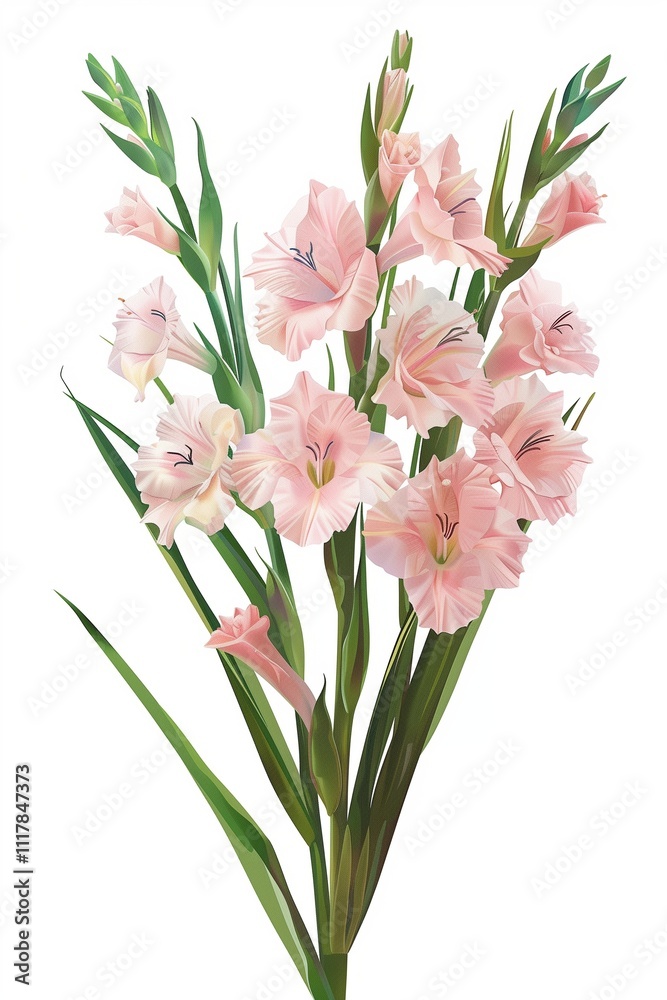 A bunch of pink gladiolus flowers, illustration with a white background. A bunch of pink gladiolus flowers, illustration with a white background.