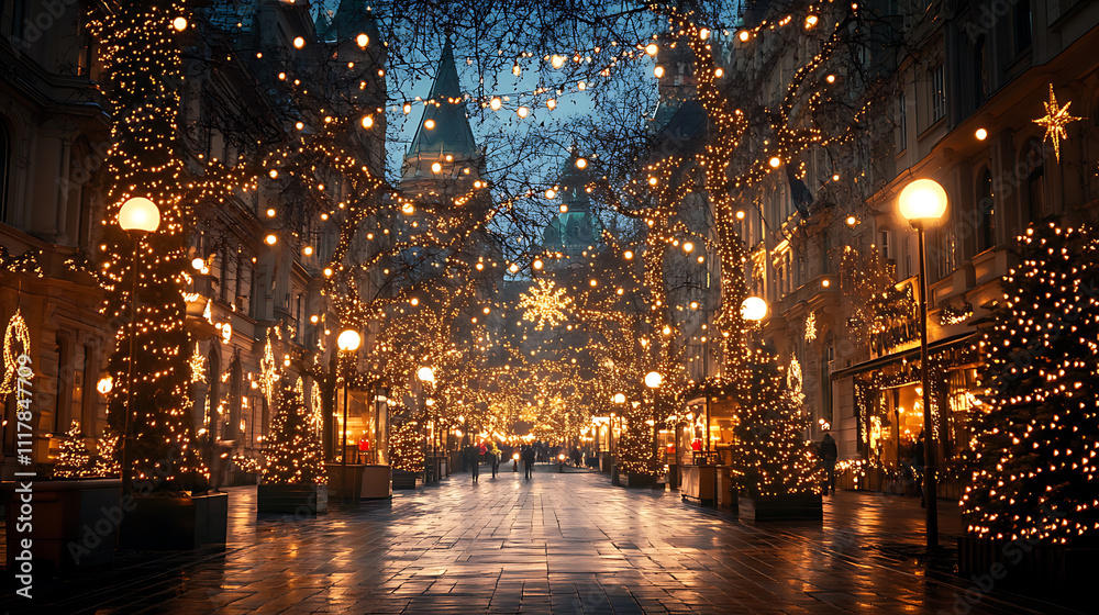 beautifully illuminated street adorned with Christmas lights, creating magical winter atmosphere. festive decorations and glowing trees enhance holiday spirit beautifully illuminated street adorned with Christmas lights, creating magical winter atmosphere. festive decorations and glowing trees enhance holiday spirit