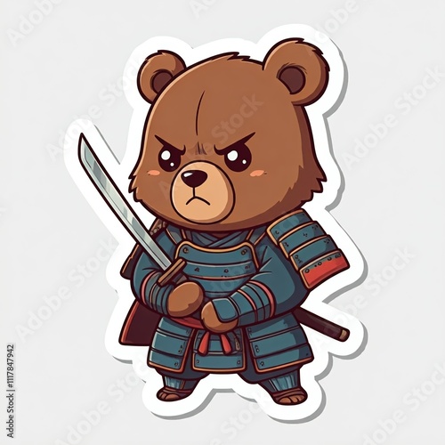 Chibi bear wearing samurai armor, holding a katana, looking strong yet cute, sticker-style, white background.
