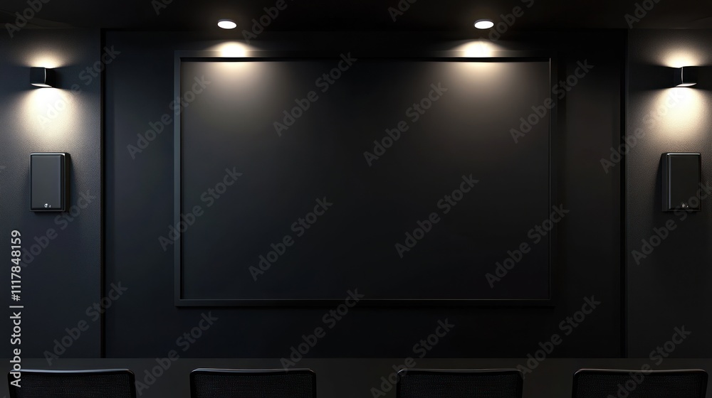 A dark home theater setup with wall-mounted speakers A dark home theater setup with wall-mounted speakers