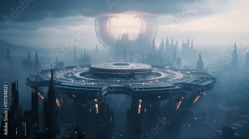 Futuristic alien civilization in space. Tall sci-fi buildings and towers.  Created with image generation tools