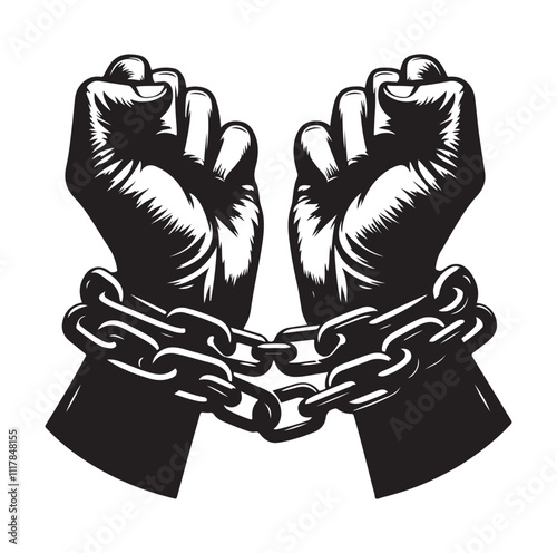 A pair of hands chained to a chain and a text words freedom. silhouette vector illustration.