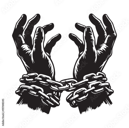 A pair of hands chained to a chain and a text words freedom. silhouette vector illustration.