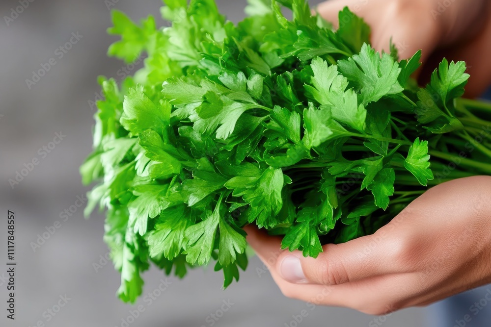 Close-up of shopper inspecting fresh herbs in a grocery store Close-up of shopper inspecting fresh herbs in a grocery store